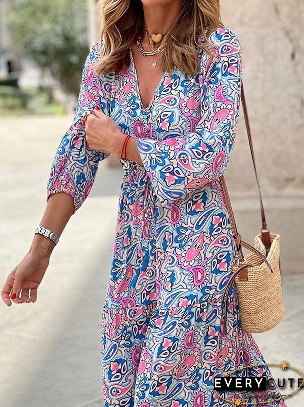 Printed Neck V-Neck Bohemian Dress main image 0
