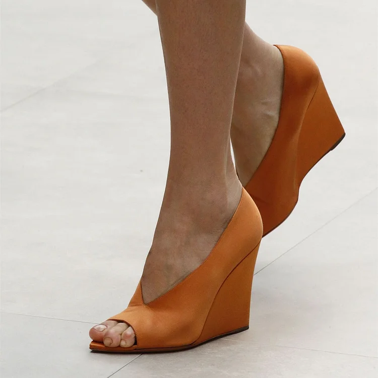 Orange Office Peep Toe Wedge Heels Pumps Shoes Vdcoo