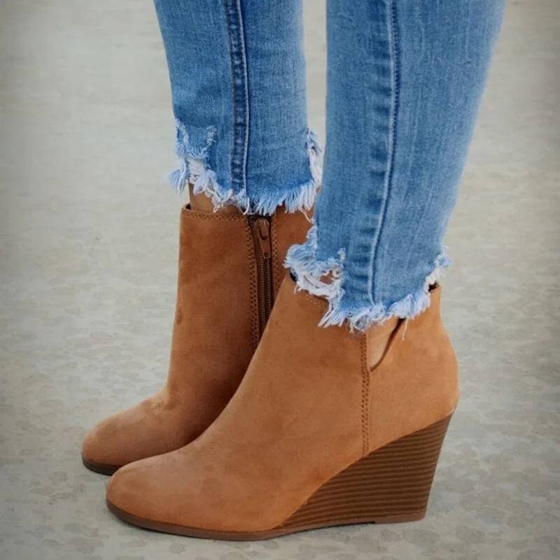 Zipper Solid Color Short Booties Round Toe Shoes Botines Mujer 2019 Women Ankle Boots Fashion Women Suede Wedges