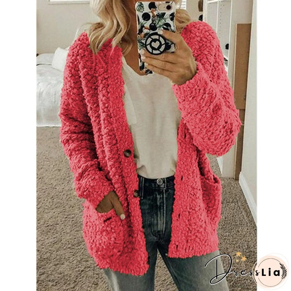 Women Winter Fashion Loose Long Sleeve Solid Color Plush Cardigan Sweater Coat Tops Button Casual Outwear XS-5XL
