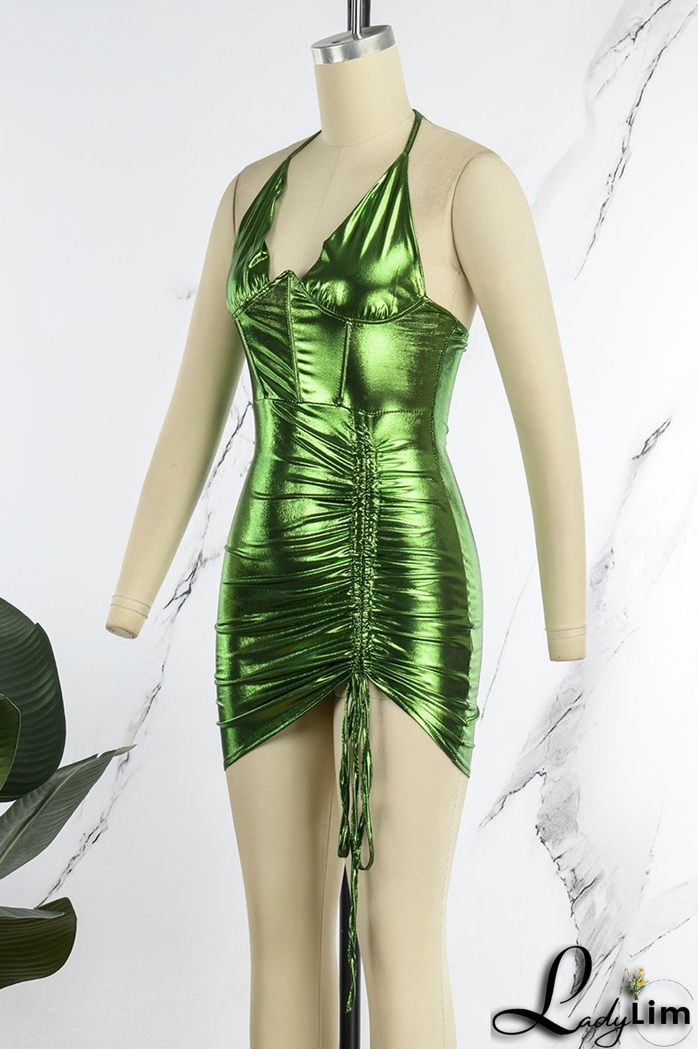 Silver Sexy Solid Bandage Backless Fold Halter Sleeveless Dress Dresses