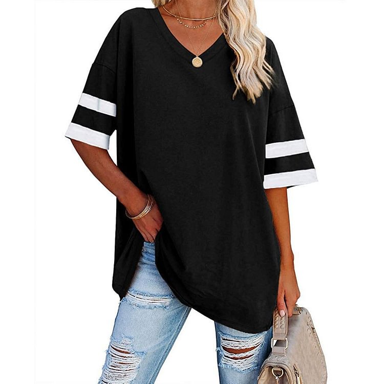 Women's Loose Half-sleeved V-neck Contrast Color Waist T-shirt