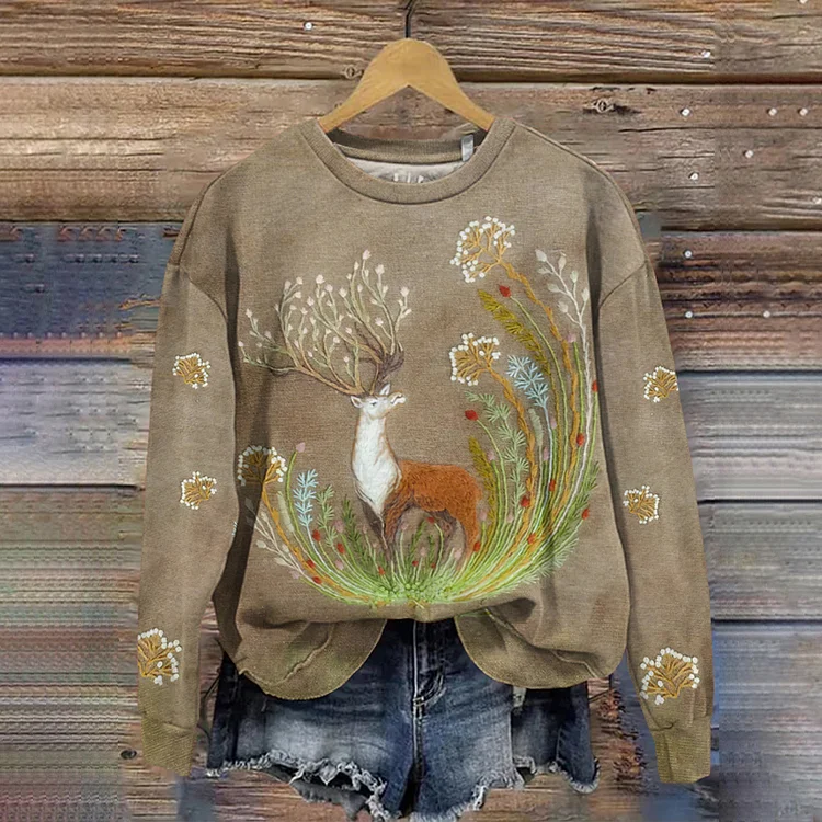 🔥kukelife🔥Women's Forest Elk Print Casual Sweatshirt