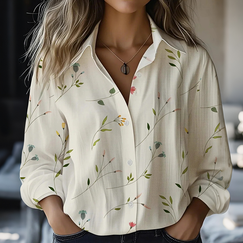 Comstylish Women's Vintage Floral Flower Art Print Casual Cotton Shirt