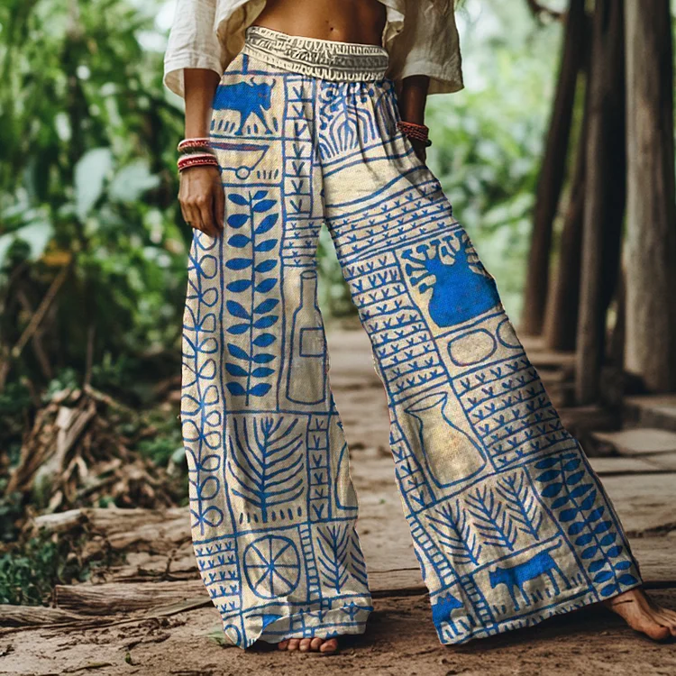 Vintage Art Print Loose Wide-leg Pants