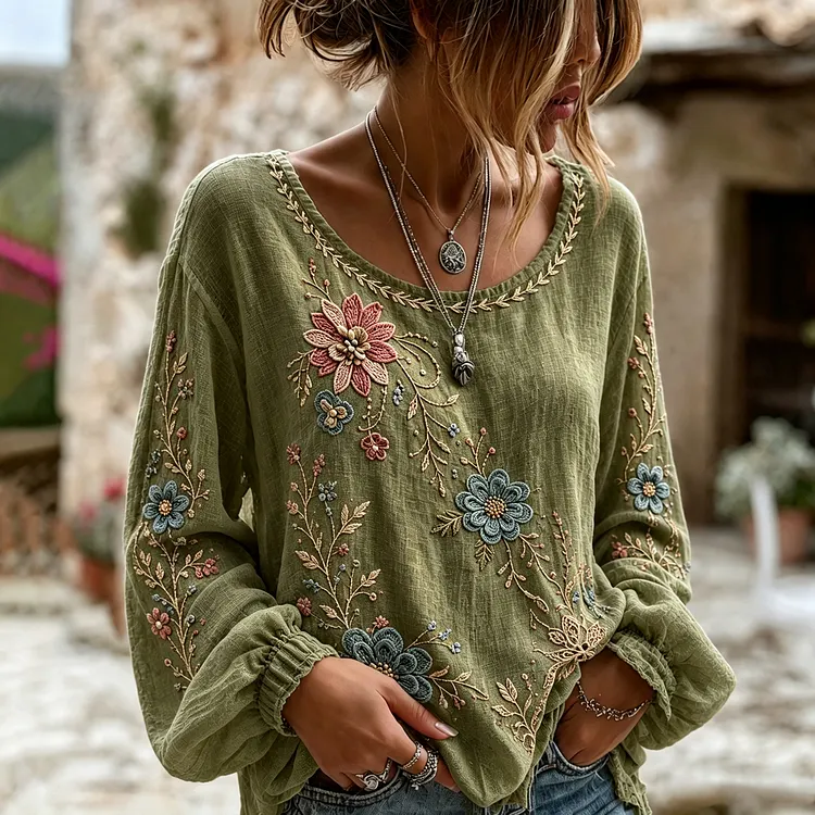 Women's Floral Embroidery Art Flowy Linen Blend Long Sleeve Casual Tops