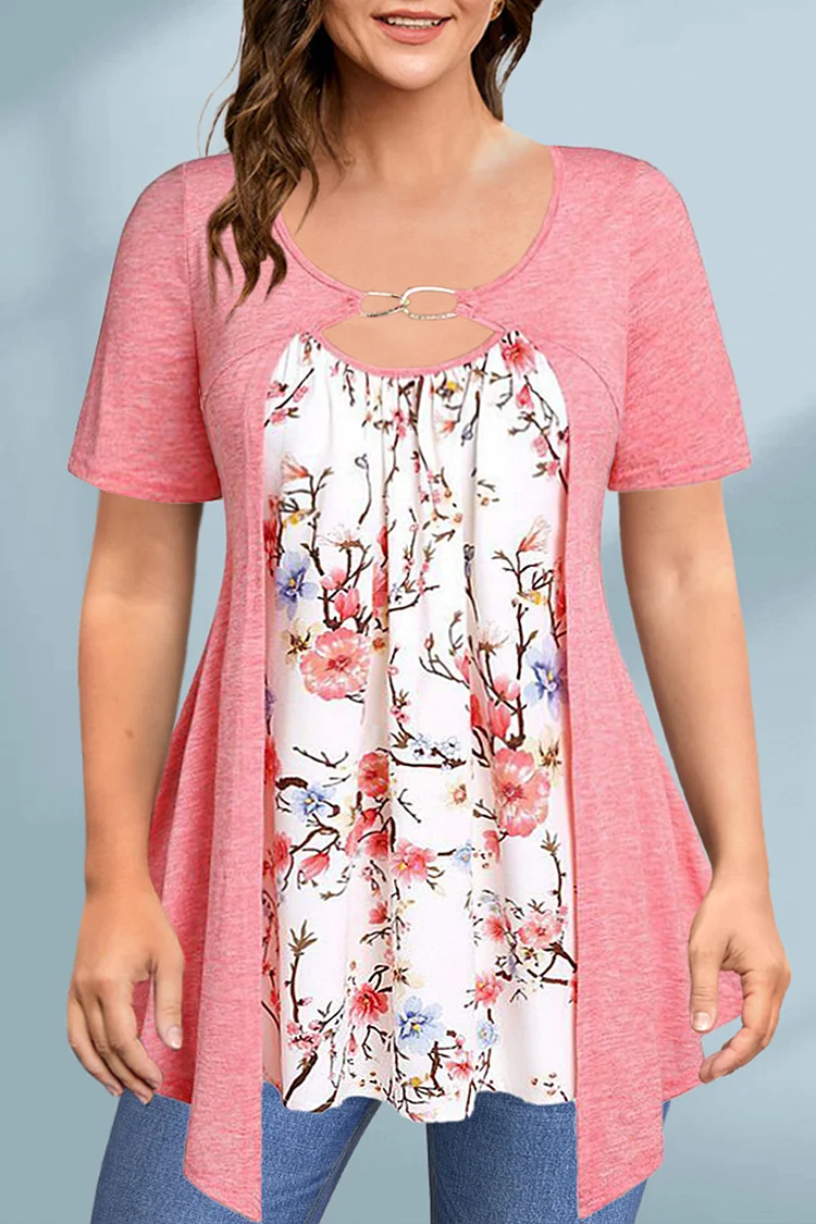 Flycurvy Plus Size Casual Pink Floral Plant Print Decorative Chain Faux Two Piece Casual Blouses  Flycurvy [product_label]