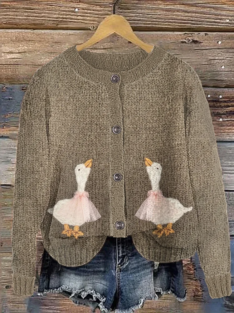 Comstylish Funny Goose Vintage Cozy Knit Cardigan