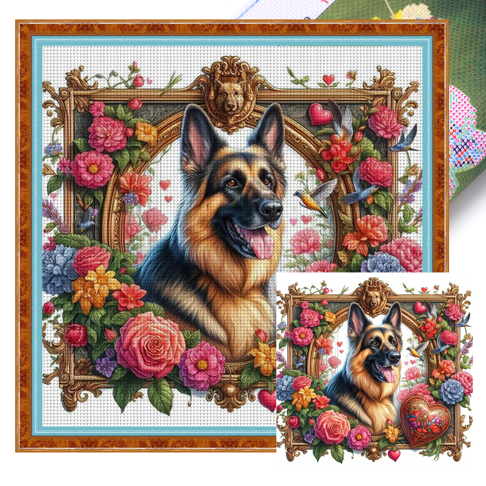 German Shepherd With Roses Full 11CT Pre-stamped Canvas(45*45cm) Cross Stitch