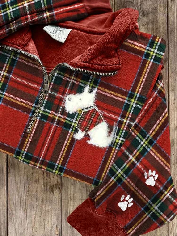 Scottish Terrier Dog Fuzzy Plush Paw Prints Embroidered Tartan Zip Up Sweatshirt
