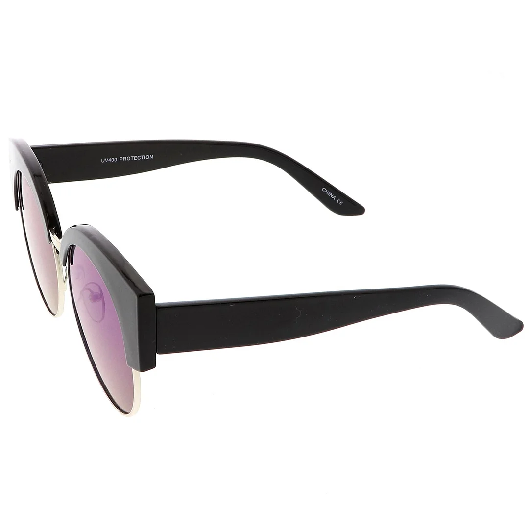 Women's Half Frame Oversize Cat Eye glasses Round Mirrored Flat Lens 59mm