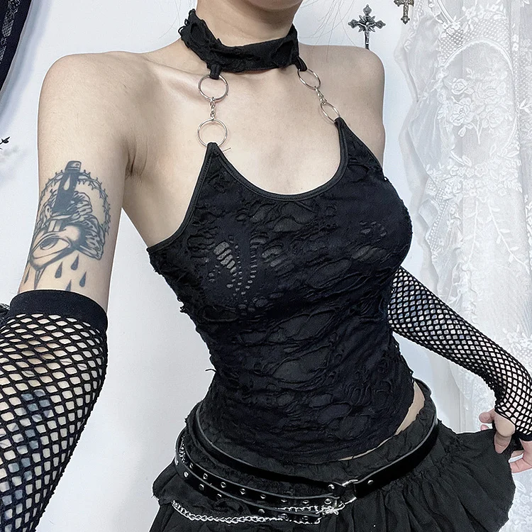 Gothic Dark Ripped Backless Metal Hook Halter Top