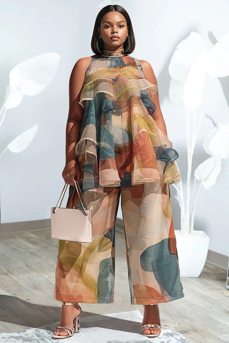 Xpluswear Design Plus Size Vacation Elegant Multicolor All Over Print Halter Collar Ruffle Pocket Chiffon Two Piece Pant Sets [Pre-Order] 2024 - Xpluswear