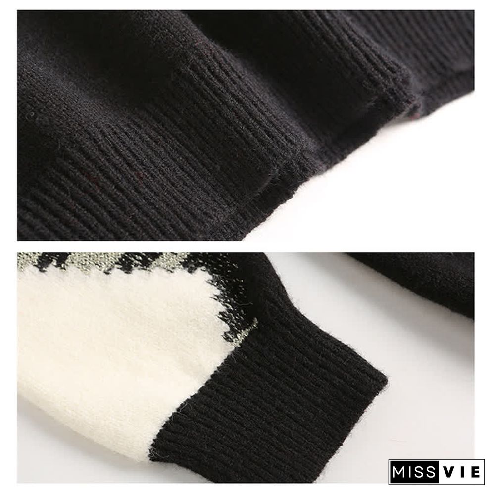 Chic Colorblock Round Collar Knit Loose Sweater