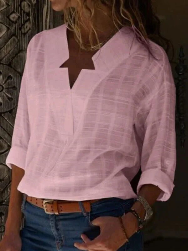 V-neck long sleeve solid color shirt