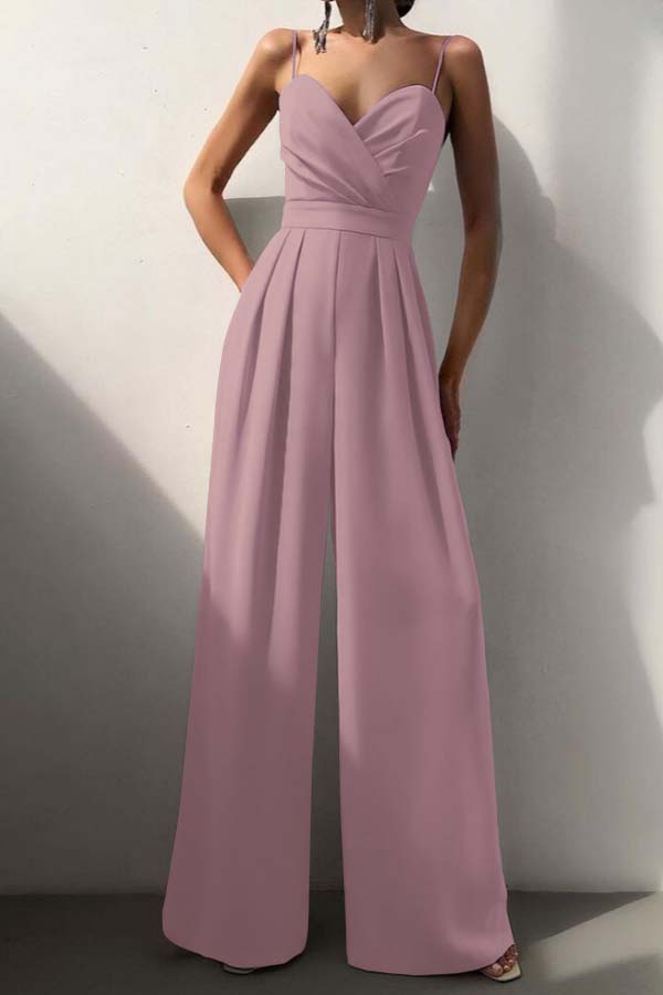 Hidais Chic Lilac Sweetheart Spaghetti Strap Sleeveless Pleated Long Wid-Leg Jumpsuit