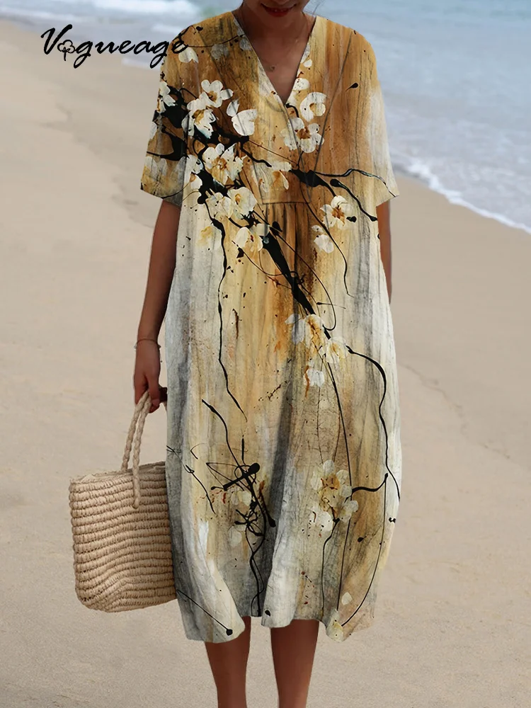 Elegant And Noble Plum Blossom Printed Women's Casual Cotton And Linen Dress