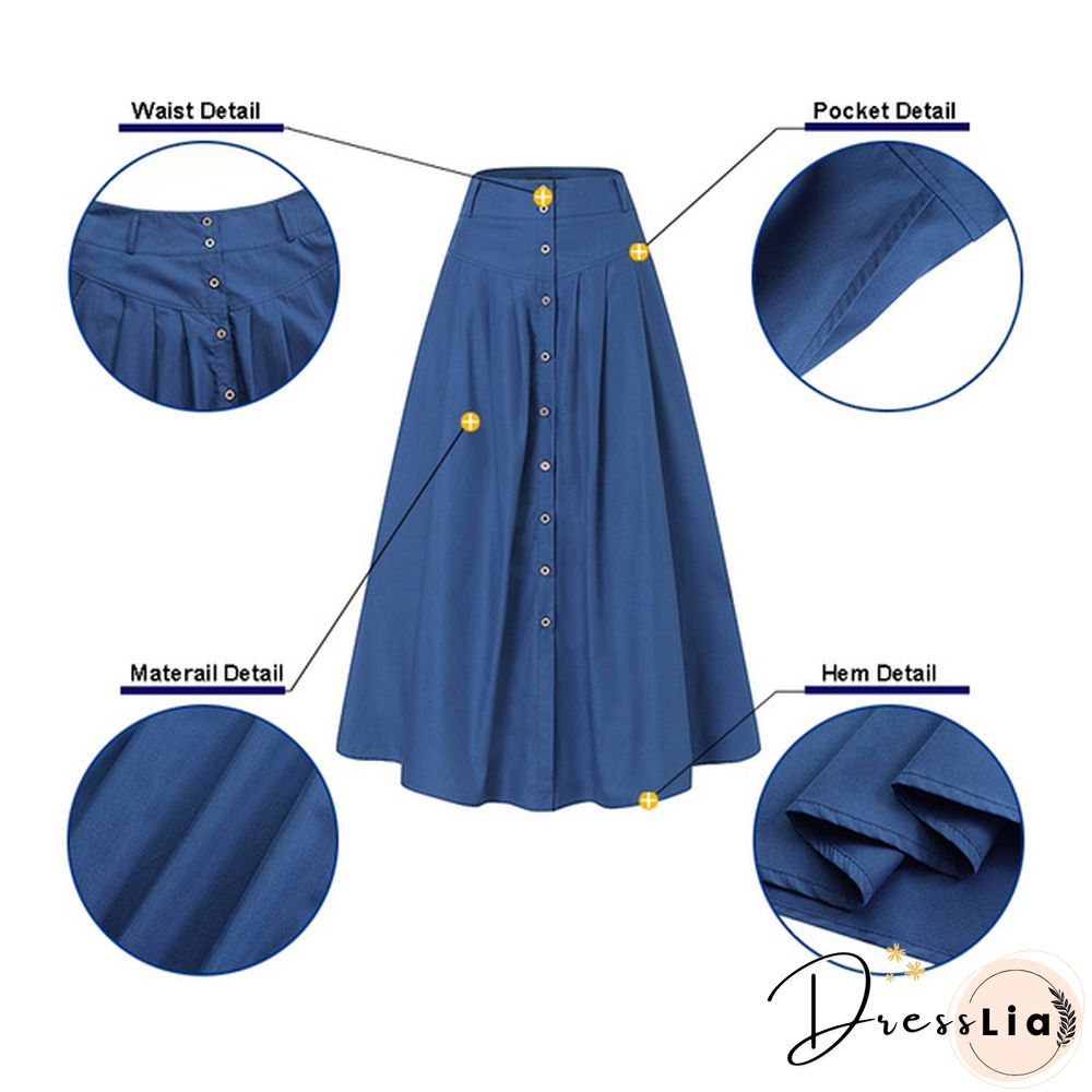 Women Fashion Solid Color Buttons Denim Long Skirts Vintage Long Dresses