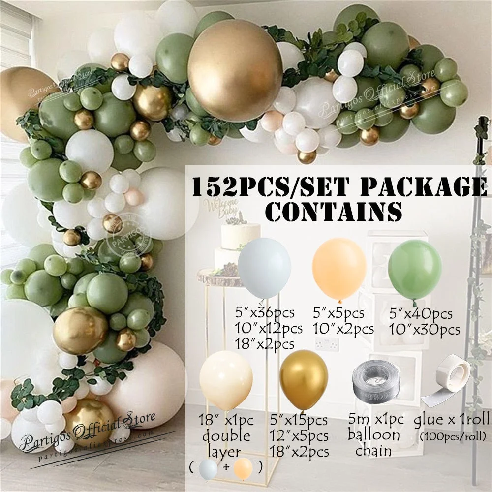 152Pcs Avocado Green Balloons Garland Arch Kit Retro Green Chorme Gold Latex Globos Birthday Christmas Wedding Party Decors 2021