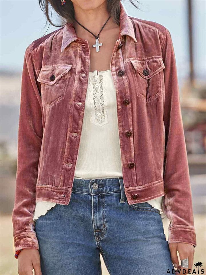 Women's Casual Gold Velvet Chest Pocket Workwear Short Jacket