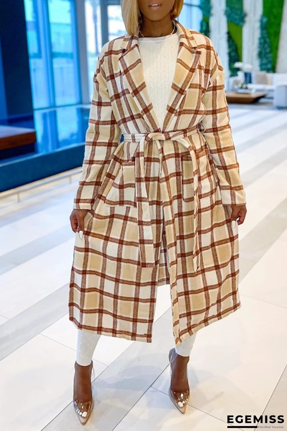 Khaki Casual Plaid Slit Turndown Collar Outerwear | EGEMISS