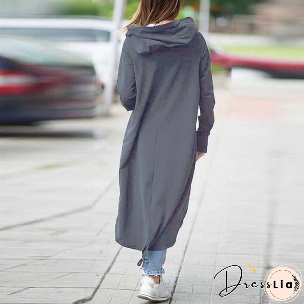 Oversize Women Hooded Long Sleeve Zip-up Asymmetric Hem Long Hoodie Coat Jacket Outwear
