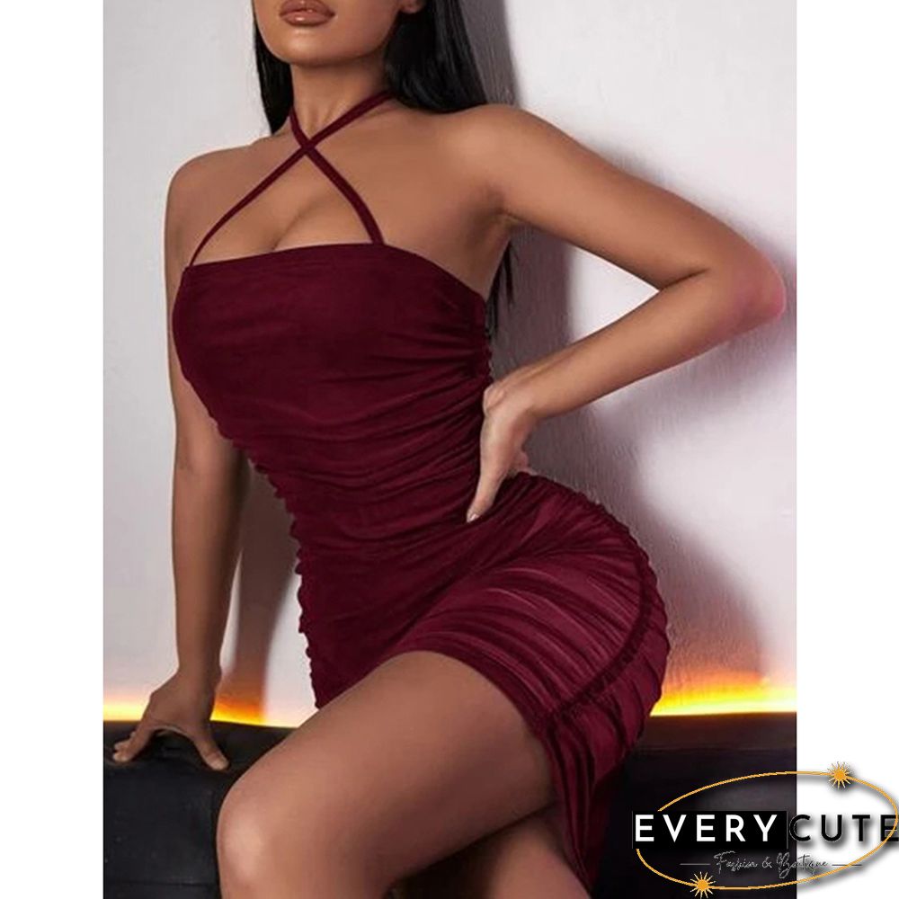 Wine Red Mesh Pleated Off the Shoulder Bodycon Dress