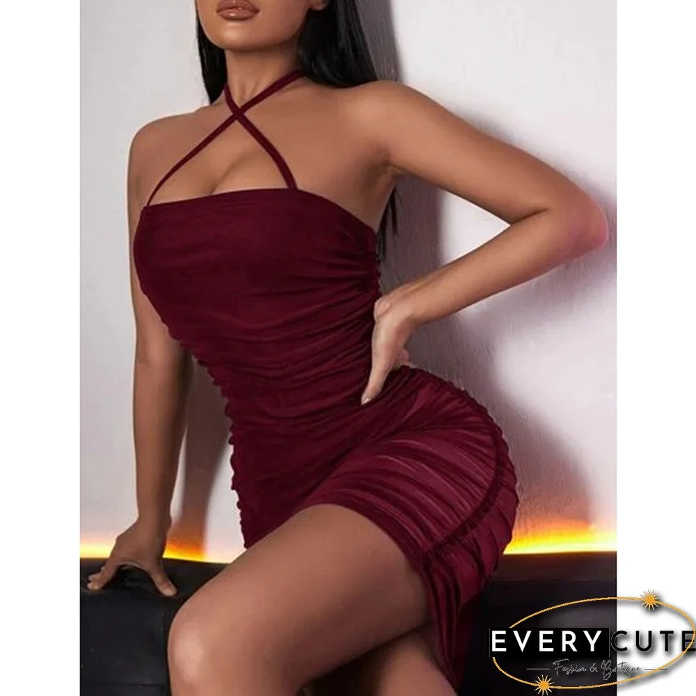 Wine Red Mesh Pleated Off the Shoulder Bodycon Dress
