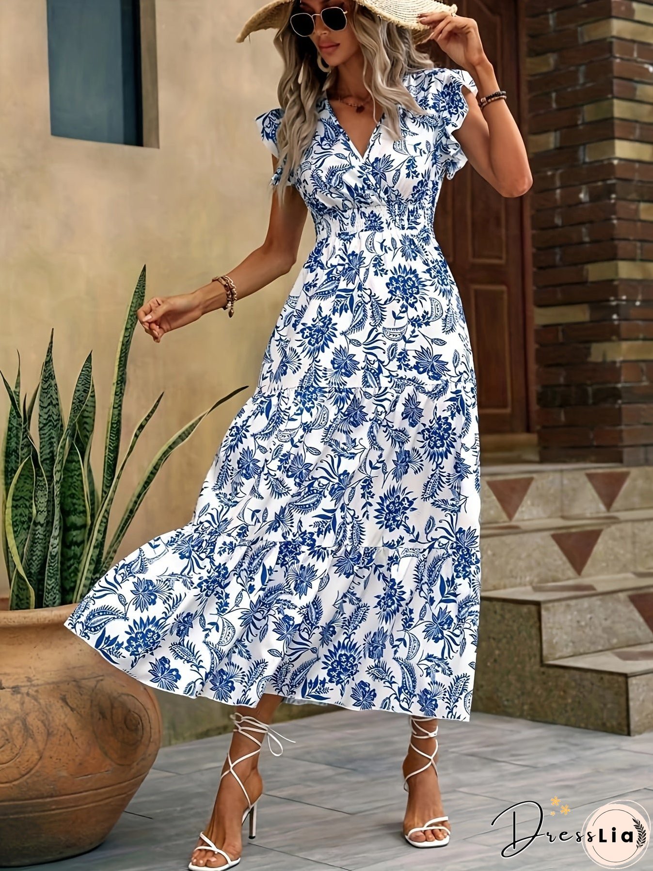 Allover Print Shirred Waist Dress For Spring Summer Womens Clothing