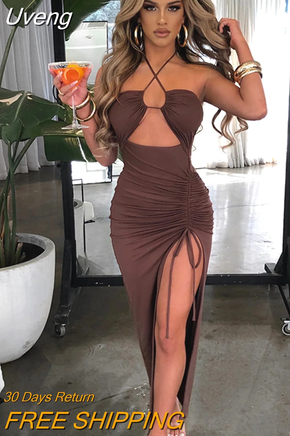 Uveng Temperament Elegant Maxi Long Dress Women Halter Spaghetti Strap 2023 Summer Dress Drawstring Split Sexy Party Dresses