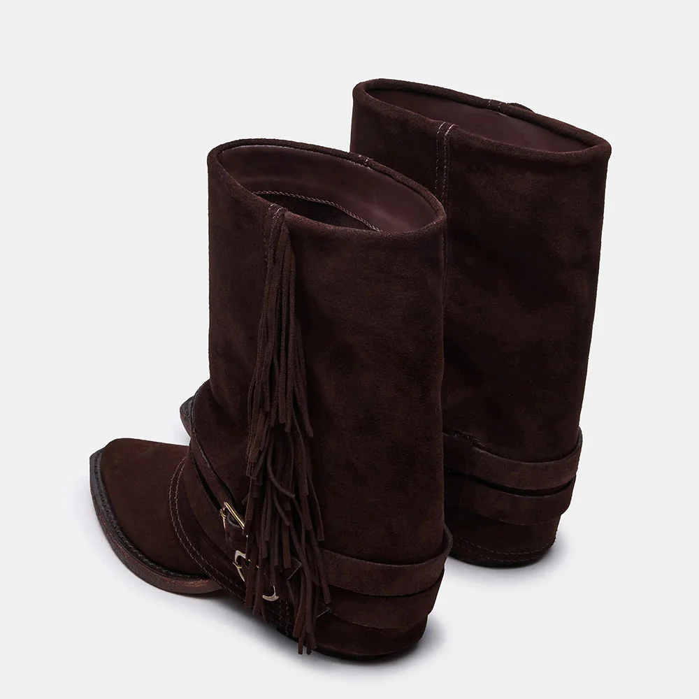 Dark Brown Block Heel Fold Over Buckle Fringe Ankle Boots for Women