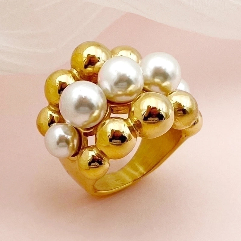 304 Stainless Steel 14K Gold Plated Vintage Style Minimalist Plating Hollow Out Inlay Round Pearl Rings