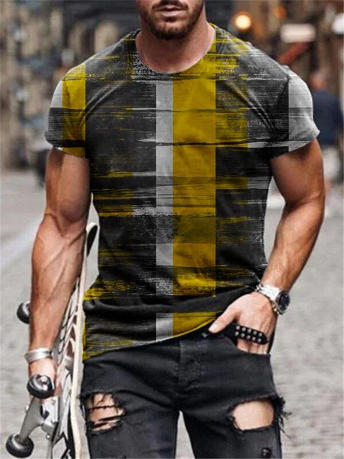 Black-Yellow Crew Neck Abstract Casual Shirts & Tops
