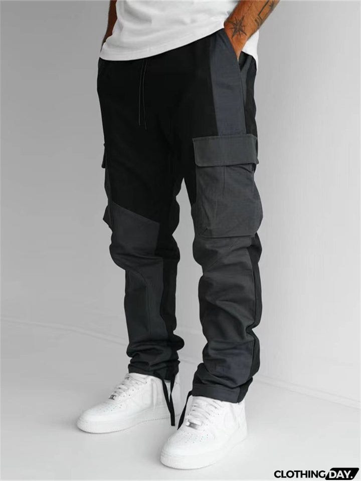 Men's Black Multi Pockets Patchwork Loose Cargo Pants