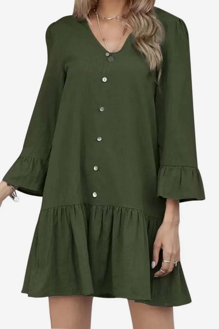 Linen V Neck Flare Sleeve Button Up Pleated A-Line Wide Hem Casual Mini Dress