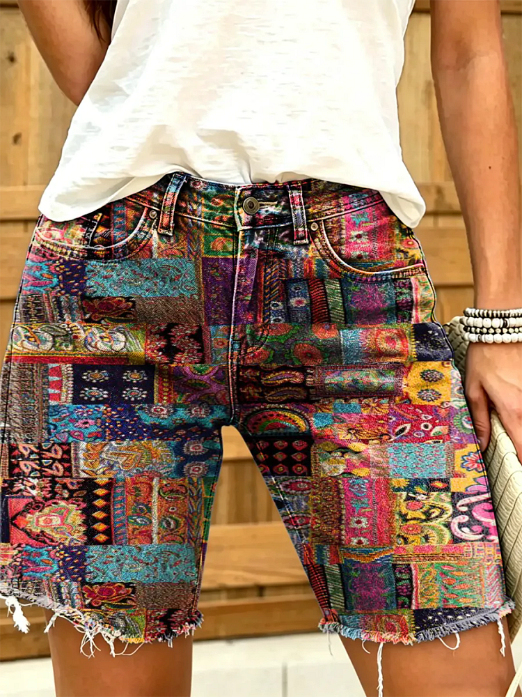Women's Vintage Floral Print Denim Shorts