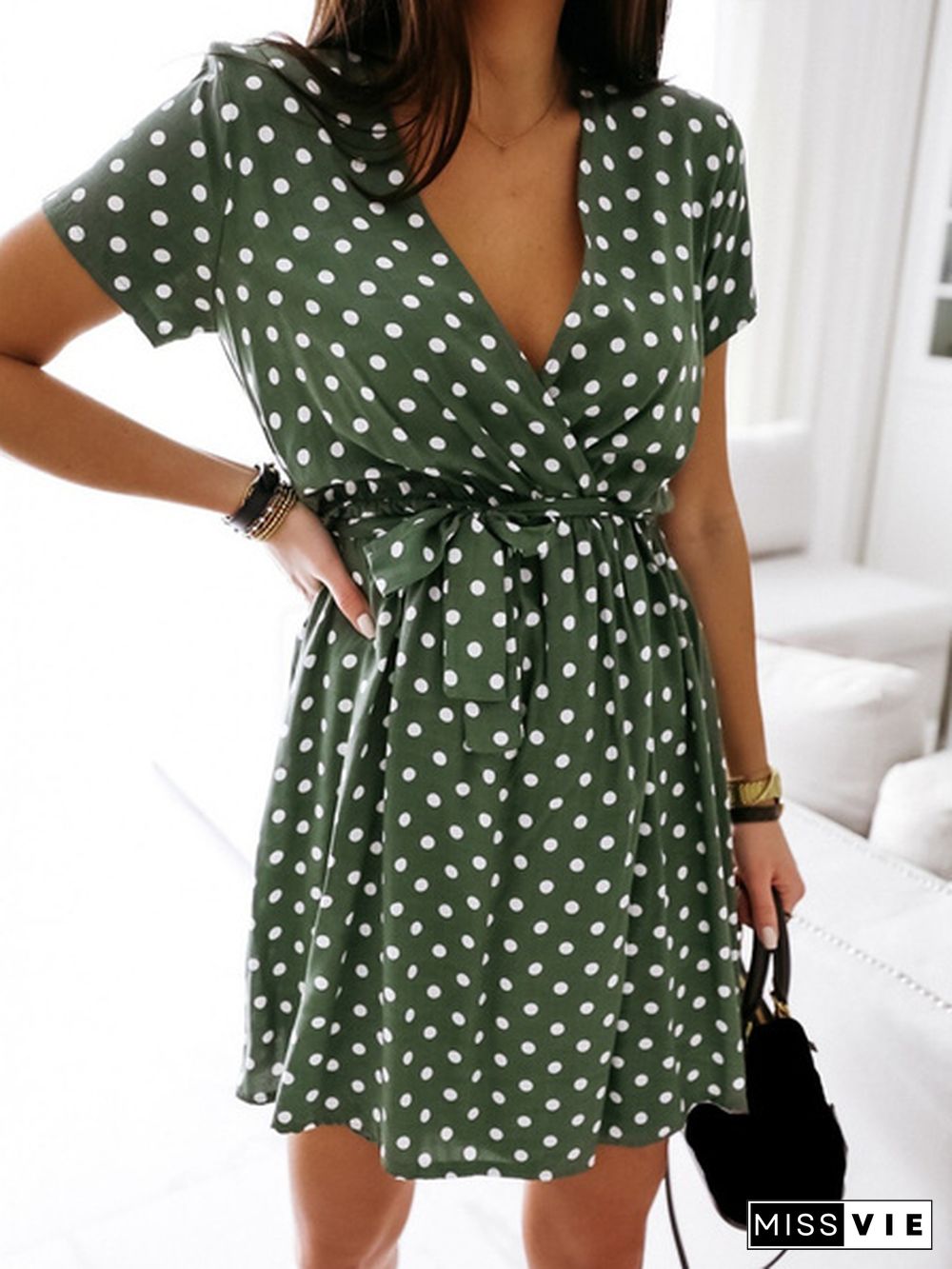 Summer V Neck Polka Dot Boho Dress Bohemian Women Beach Dress Fashion Short Sleeve Casual Mini Dress
