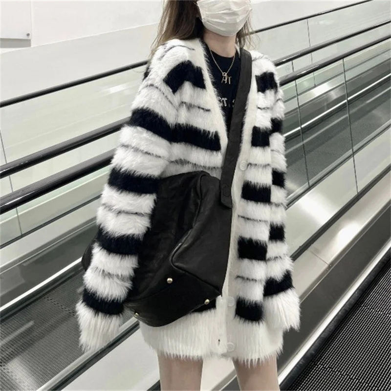 Toloer Toloer Winter On New Languid Lazy Wind Versatile Soft Waxy Black And White Stripe Cardigan Is Very Fairy Sweater Coat Female Tide-Outfit Ideas