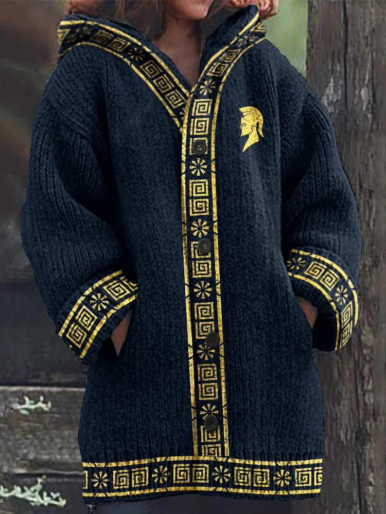 Women's Ancient Greek Mythology Jacquard Knit Comfort Hooded Cardigan