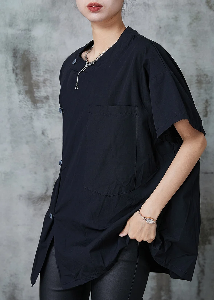 Chic Black Oversized Pocket Cotton Shirt Tops Summer