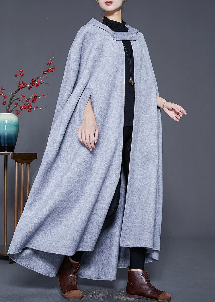 Italian Grey Hooded Oversized Woolen Cardigans Cloak Sleeves