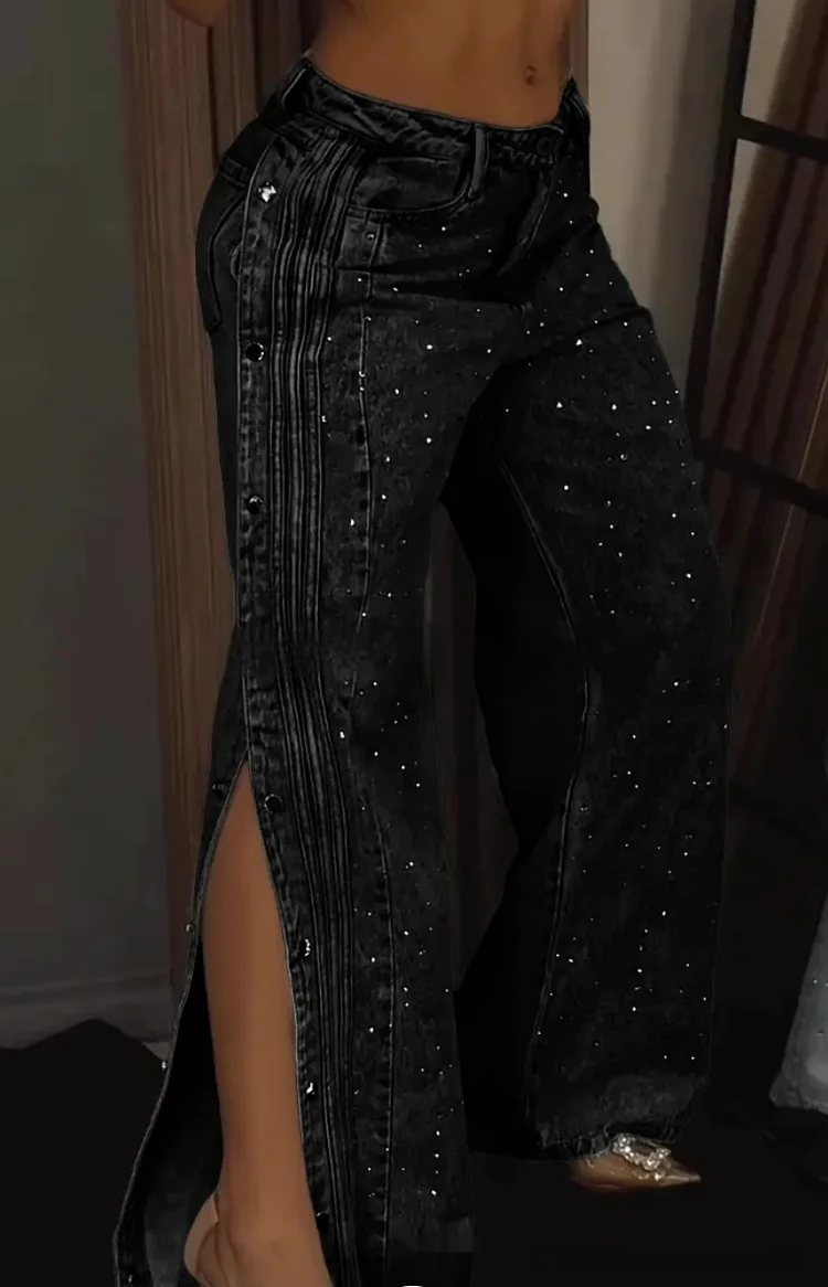 High-Waisted Rhinestone Embellished Side Button Jeans