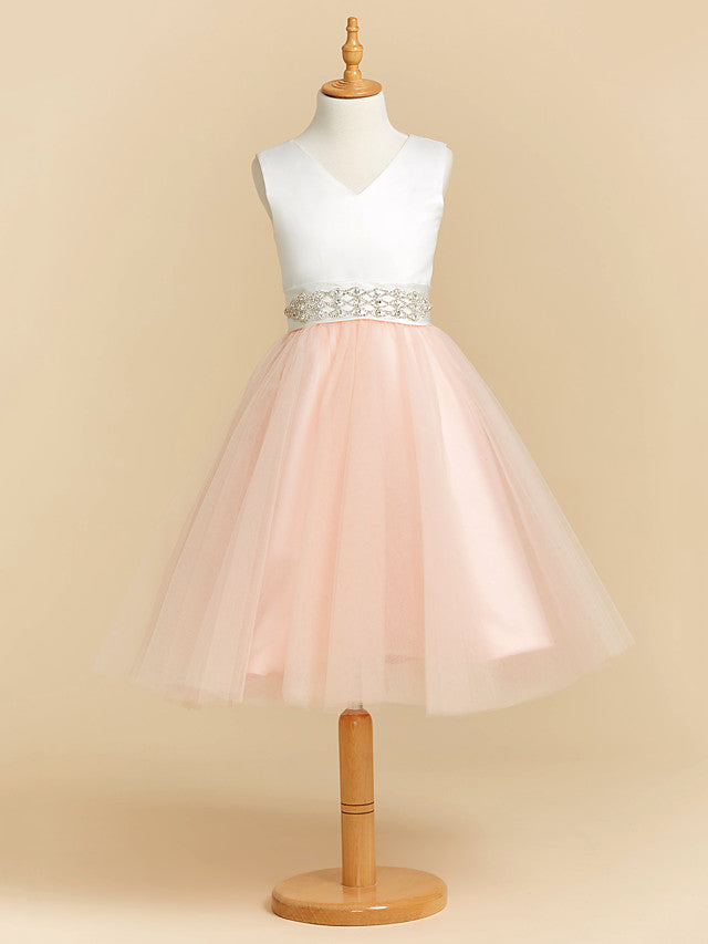Oknass Ball Gown Sleeveless V Neck Tea Length Flower Girl Dress Satin Tulle With Sash Ribbon Crystals