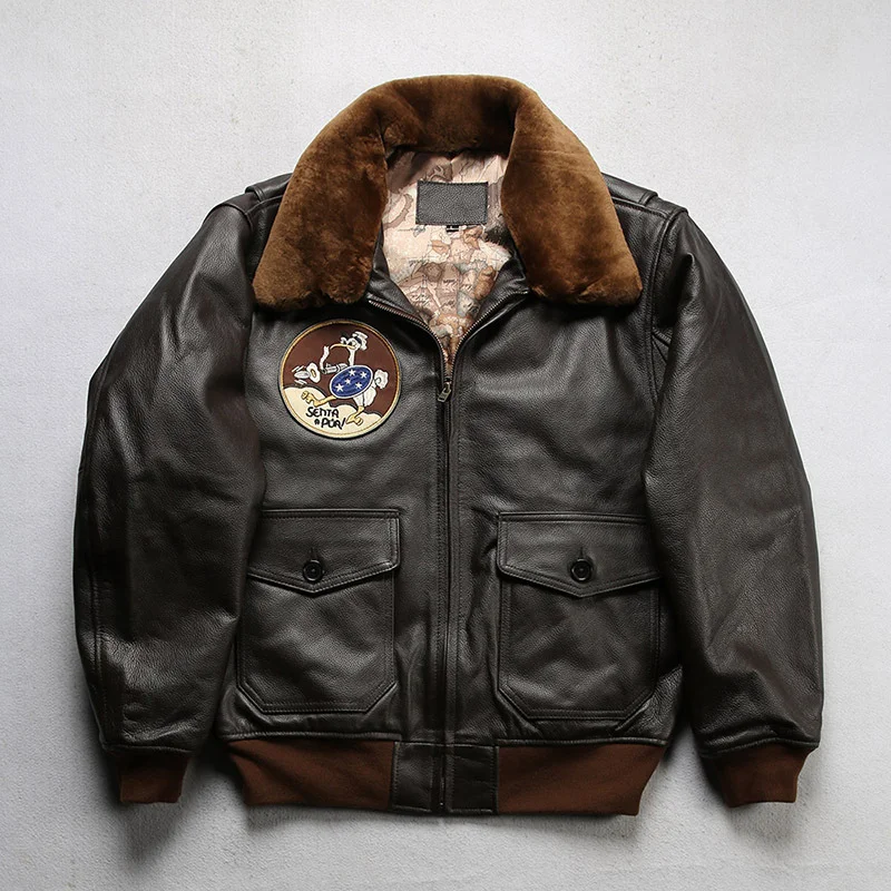 American G1 Leather Flight Jacket for Men - Detachable Fur Collar, Premium Yellow Cowhide Outerwear