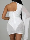 Sexy One-Shoulder Mesh Beaded Decorate Slim Mini Dress