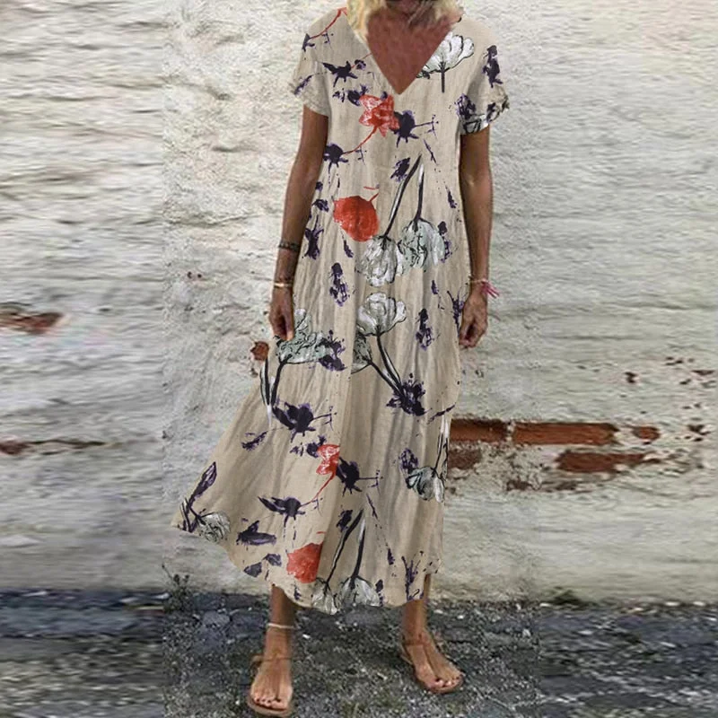 UForever21 Summer Women Sundress Bohemian Floral Print Beach Maxi Dress Vintage V Neck Short Sleeve Oversized Dresses Kaftan Vestido