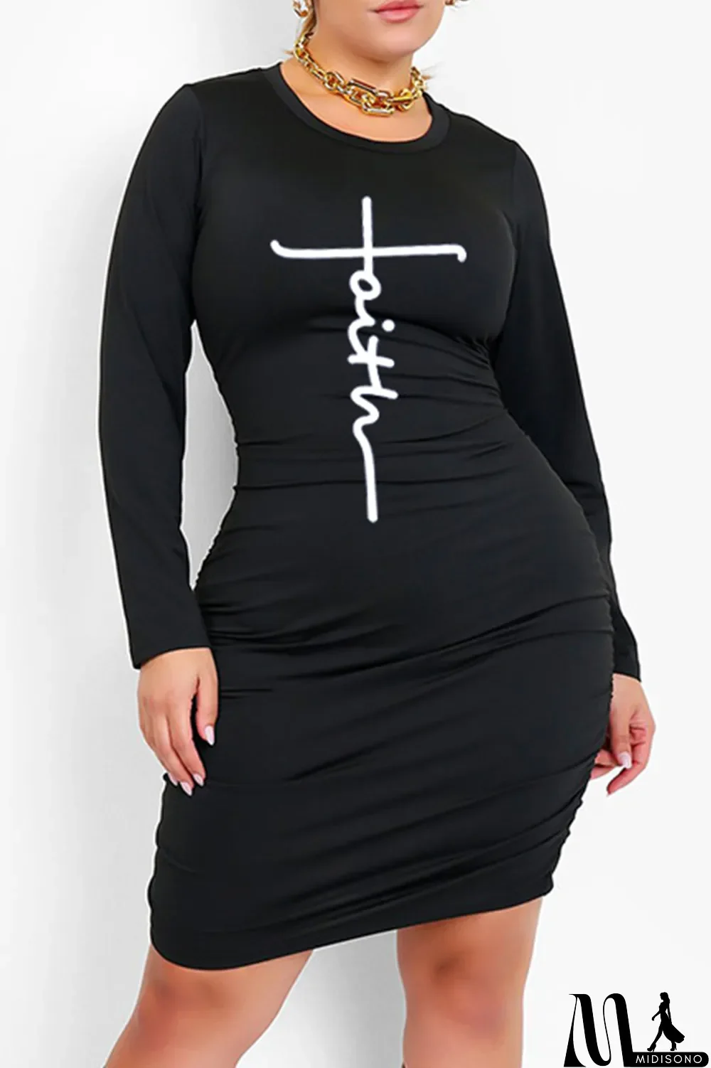 MidiSono - Black Fashion Casual Print Basic O Neck Long Sleeve Dresses