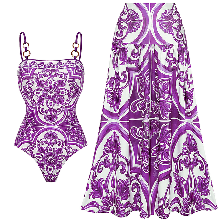 Sling Classic Majolica Series Pattern Print One Piece Swimsuit and Skirt or Shorts
