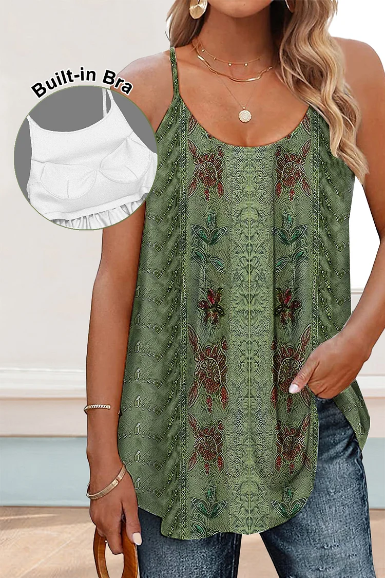 Flycurvy Plus Size Casual Green Boho Retro Ethnic Print Cami With Built In Bra
