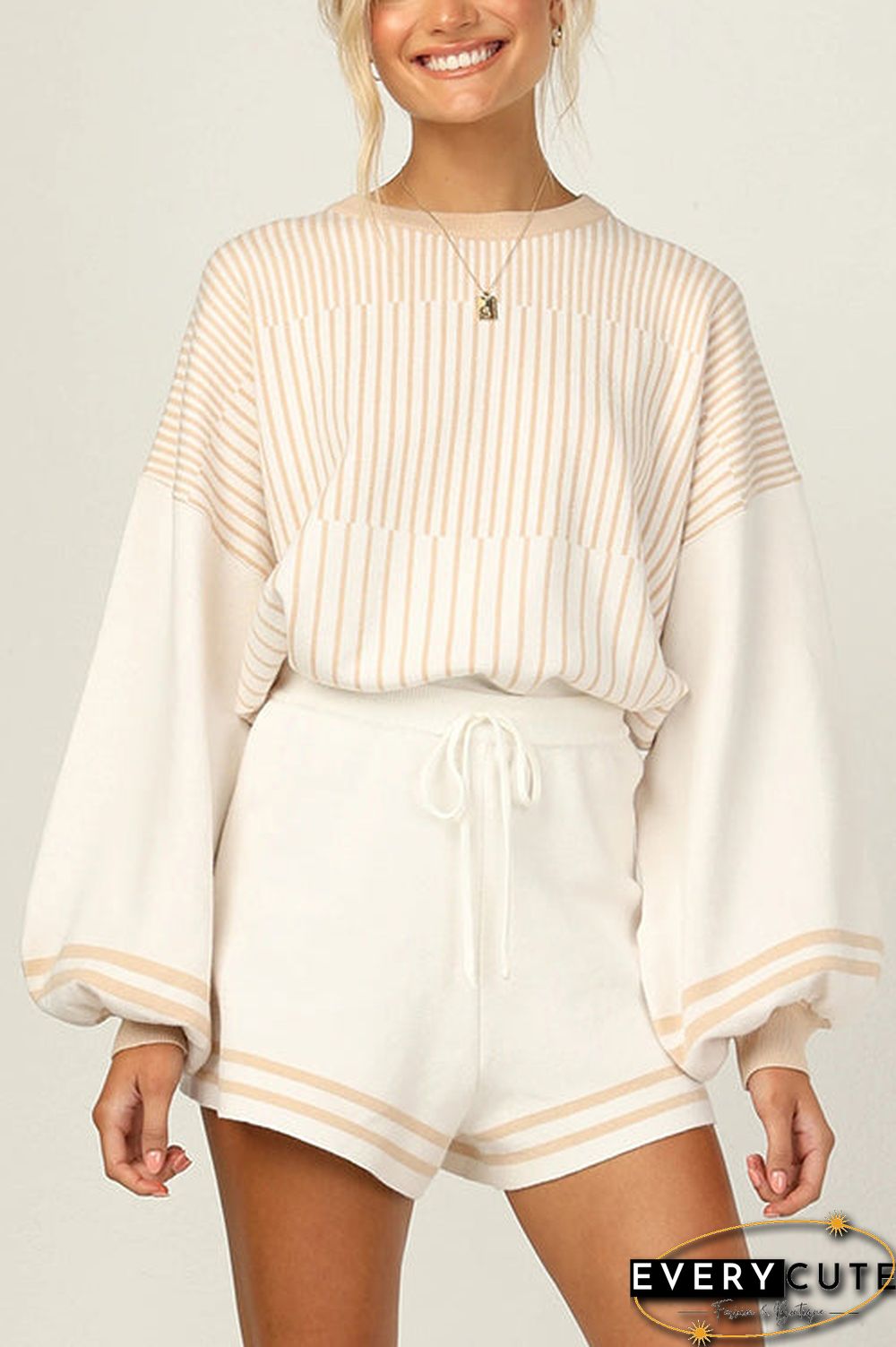 Gradient Stripe Puff Sleeve Sweater Shorts Set
